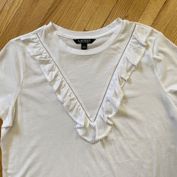 Lauren Ralph Lauren Eyelet Ruffle Trim Feminine Cotton White Tee Size L - Picture 2 of 10